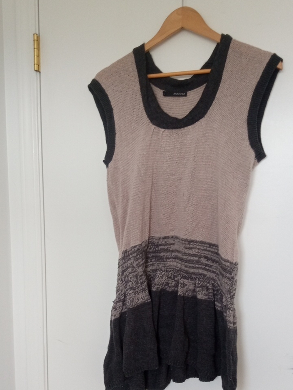 Sleeveless Taupe Mini Dress with Charcoal Trim